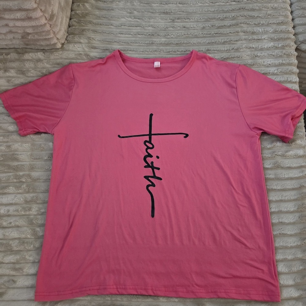 Pink Faith Cross Graphic Tee Short Sleeve Crew Neck T-Shirt Size L Womens Large